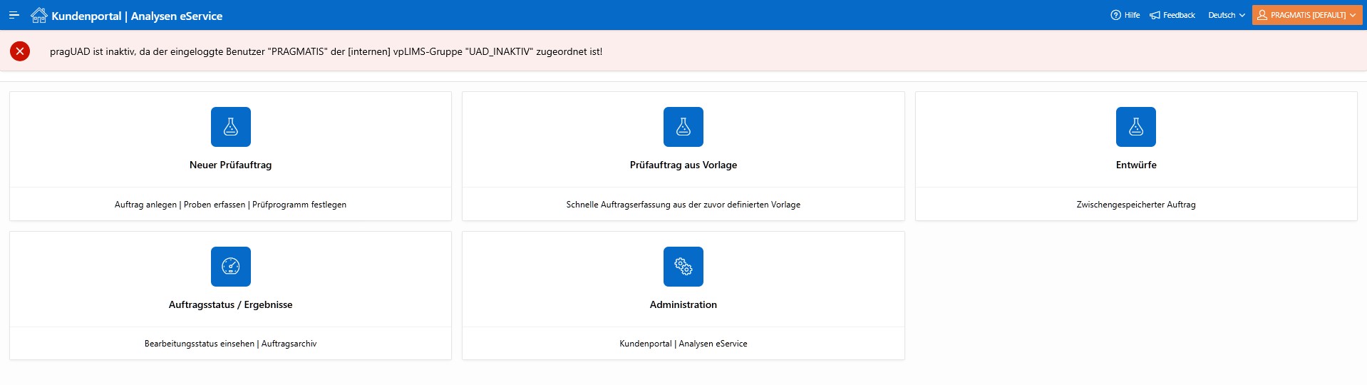 eService®-Kachelmenü mit Zugängen zu Aufträgen, Vorlagen und Ergebnissen