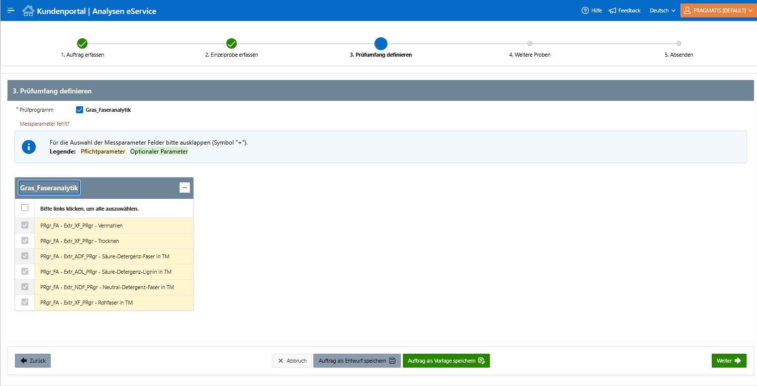 Auswahl von Prüfprogrammen und Parametern in eService®